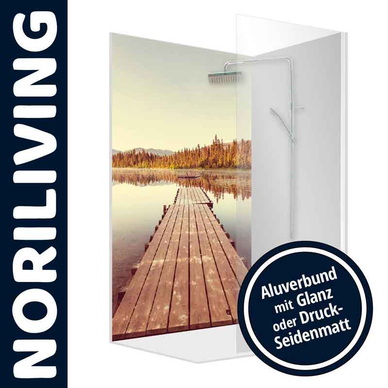 Noriliving Duschwand aus Aluverbund mit Naturmotiv Duschwand von Noriliving mit Holzsteg und See als Motiv, Aluverbund mit Glanz oder Druck-Seidenmatt
