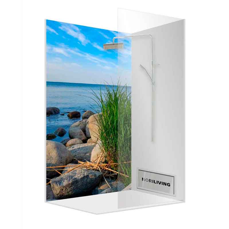 Moderne Duschkabine mit Naturmotiv und Meerblick Duschkabine mit Glaswand, die eine Naturkulisse mit Meer und Felsen zeigt