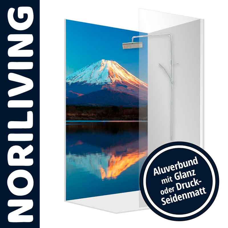 Noriliving Duschabtrennung mit Bergmotiv, Aluverbund glänzend oder seidenmatt Noriliving Duschabtrennung mit Bergmotiv im Aluverbund, erhältlich in Glanz oder Druck-Seidenmatt