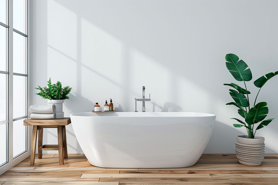 Helles Badezimmer mit freistehender Badewanne, Holzhocker mit Handtüchern, Pflanzen und Holzboden