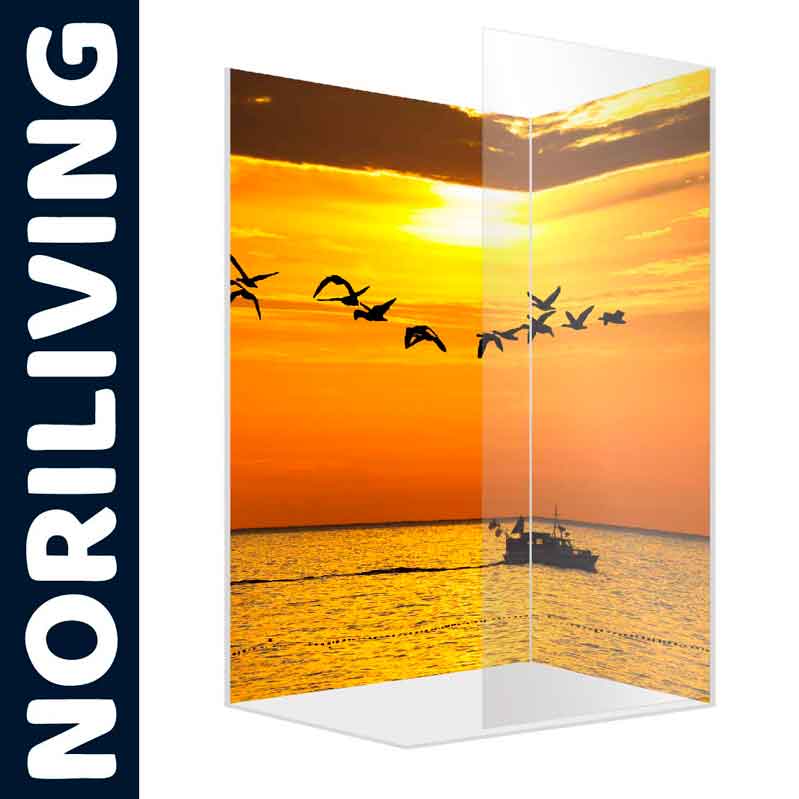 Duschabtrennung mit Sonnenuntergang-Motiv und Vögeln von Noriliving Duschabtrennung von Noriliving mit Sonnenuntergang und fliegenden Vögeln