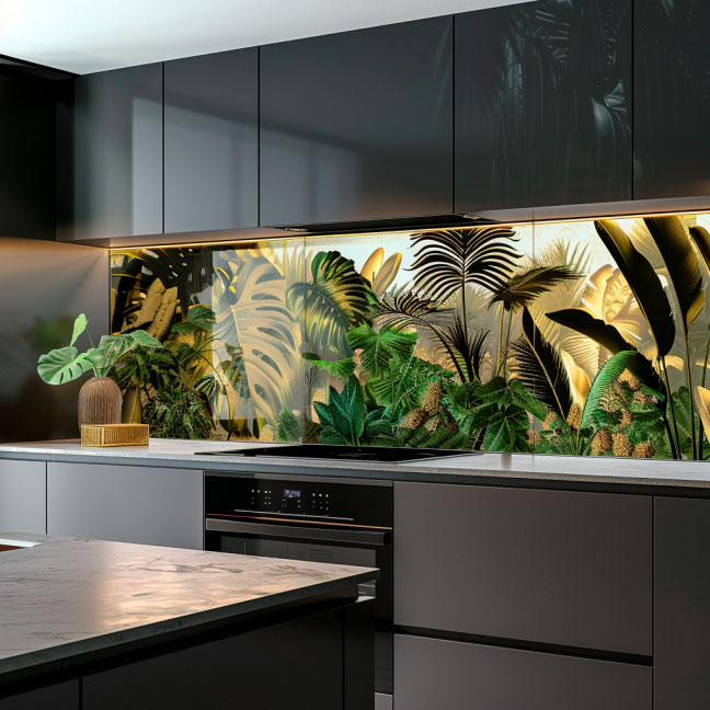 Moderne Küche mit tropischem Pflanzen-Dekor für stilvolle Akzente Luxuriöse Küche mit schwarz-grauen Schränken und einem tropischen Pflanzenmuster als Rückwanddekoration, das für Eleganz sorgt.