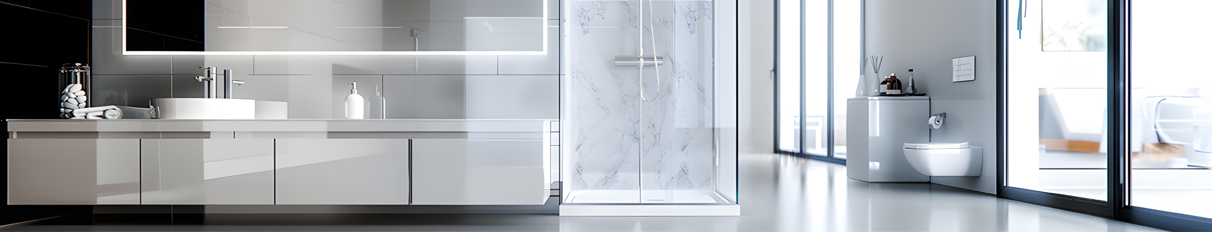 Helles und luxuriös eingerichtetes Badezimmer mit Dusche, Waschtisch und Toilette