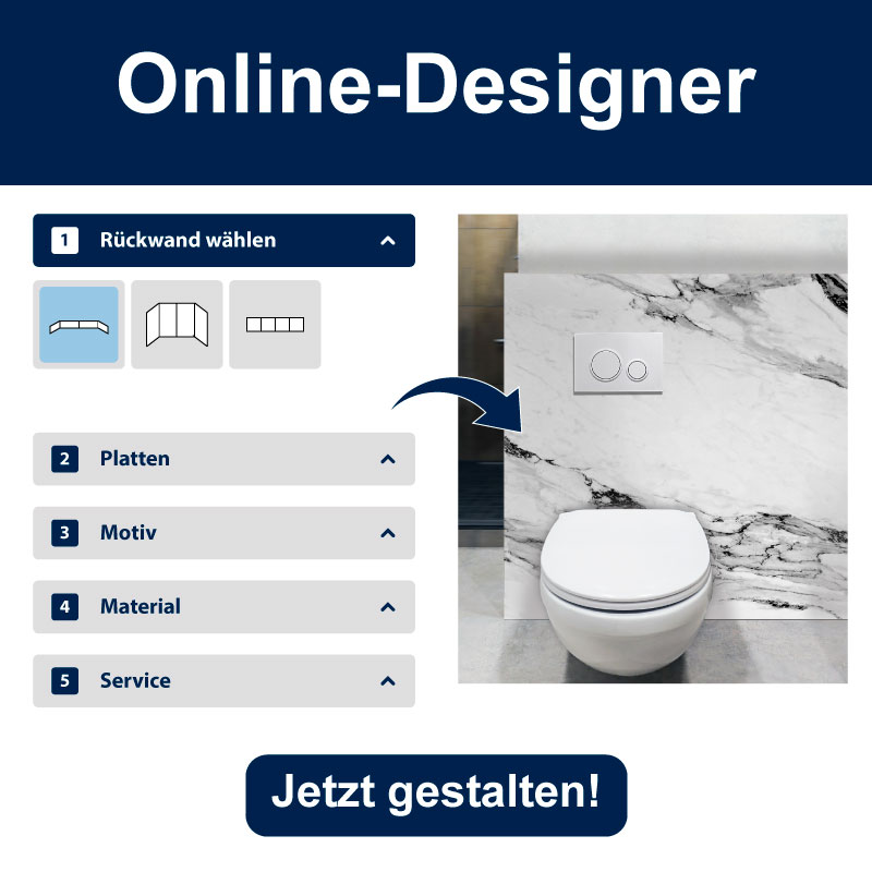 Screenshot des Online-Designers mit Optionen zur Auswahl von Rückwand, Platten, Motiv, Material und Service für ein Badezimmer mit Marmoroptik.