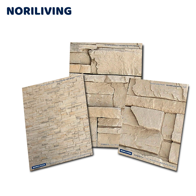 Dekorative Wandverkleidung in Steinoptik von Noriliving Drei Muster von Steinoptik-Wandverkleidungen der Marke Noriliving