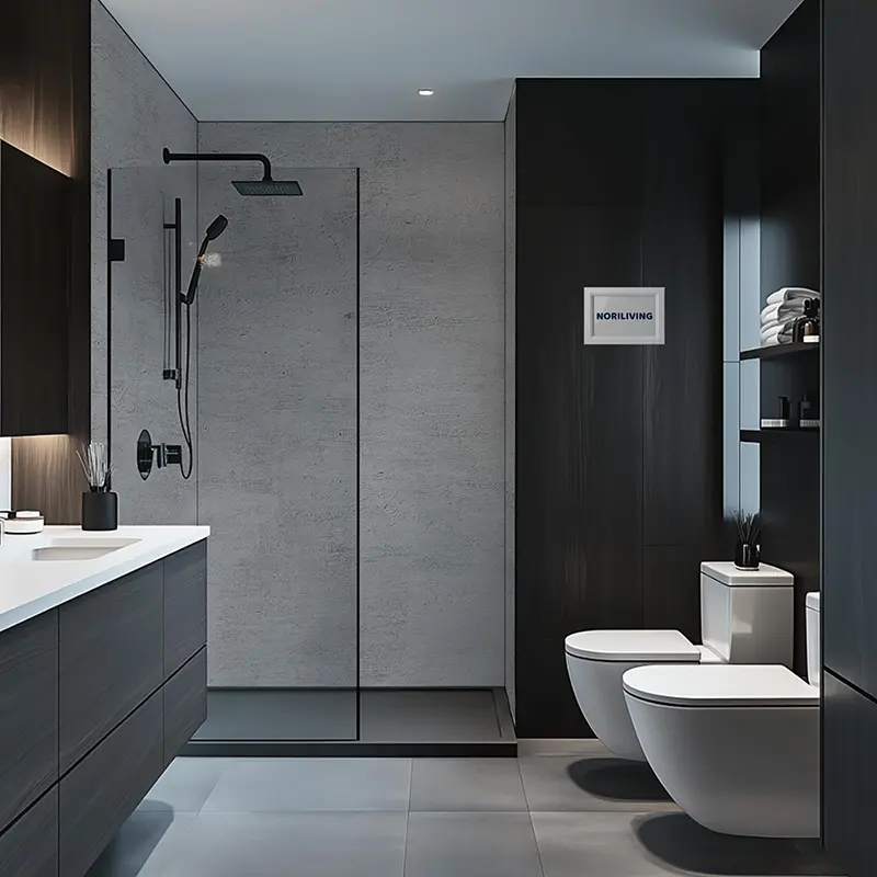 Modernes Bad mit begehbarer Dusche, Waschtisch und WC