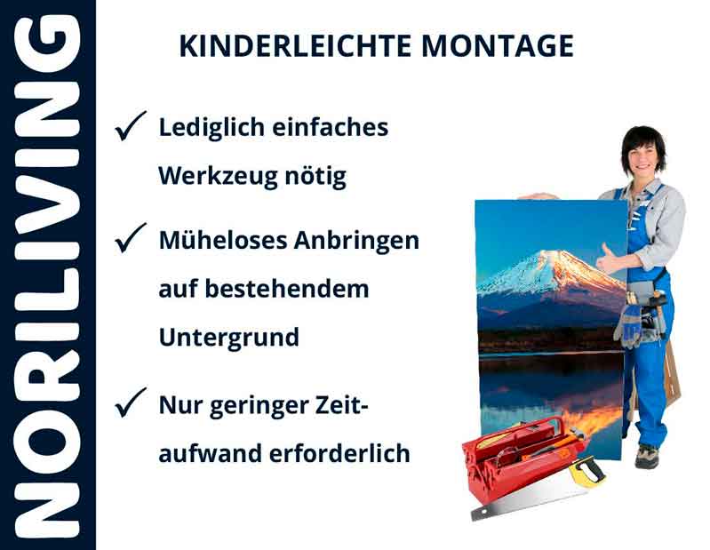 NORILIVING - Kinderleichte Montage mit minimalem Werkzeugbedarf NORILIVING Promotion: Einfache Montage mit wenig Aufwand, Person mit Werkzeugkoffer und Bild.