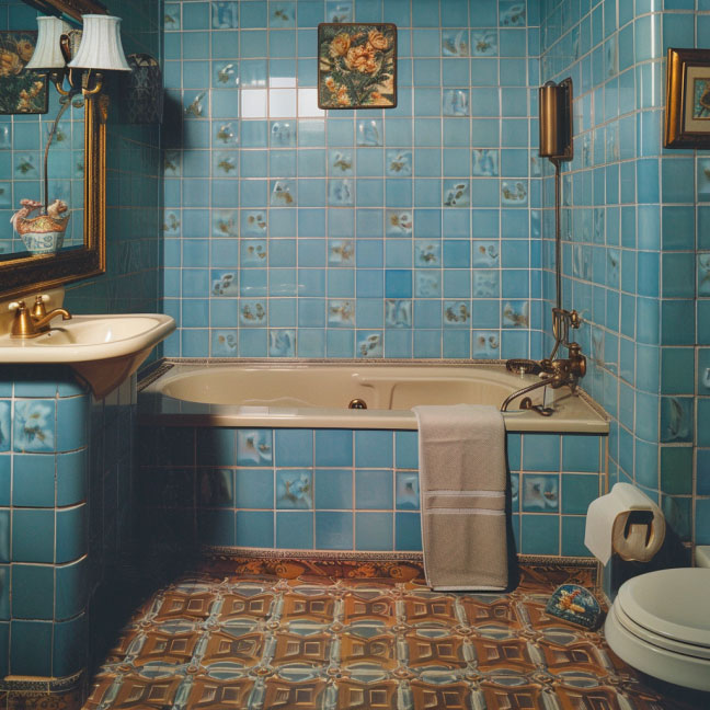 Retro Badezimmer mit blauen Kacheln Ein Badezimmer im Retro-Stil mit blauen Kacheln, einer Badewanne, einem Waschbecken und dekorativen Wandbildern.