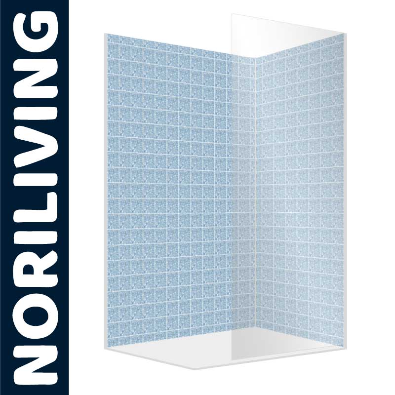Blaue Duschtrennwand von Noriliving mit modernem Fliesendesign Transparente Duschtrennwand mit blauen Fliesen von Noriliving