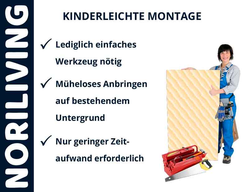 Kinderleichte Montage mit Noriliving: Einfaches Werkzeug, mühelose Anbringung, geringer Zeitaufwand Werbung für Noriliving mit Frau, die ein Montageelement hält. Text: Kinderleichte Montage, lediglich einfaches Werkzeug nötig, müheloses Anbringen auf bestehendem Untergrund, nur geringer Zeitaufwand erforderlich.