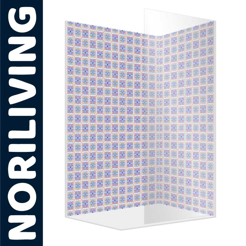 Dekorative Badezimmer-Rückwand von NORILIVING mit buntem Mosaikmuster Badezimmer-Rückwand aus Glas mit auffälligem, buntem Mosaikdesign von NORILIVING