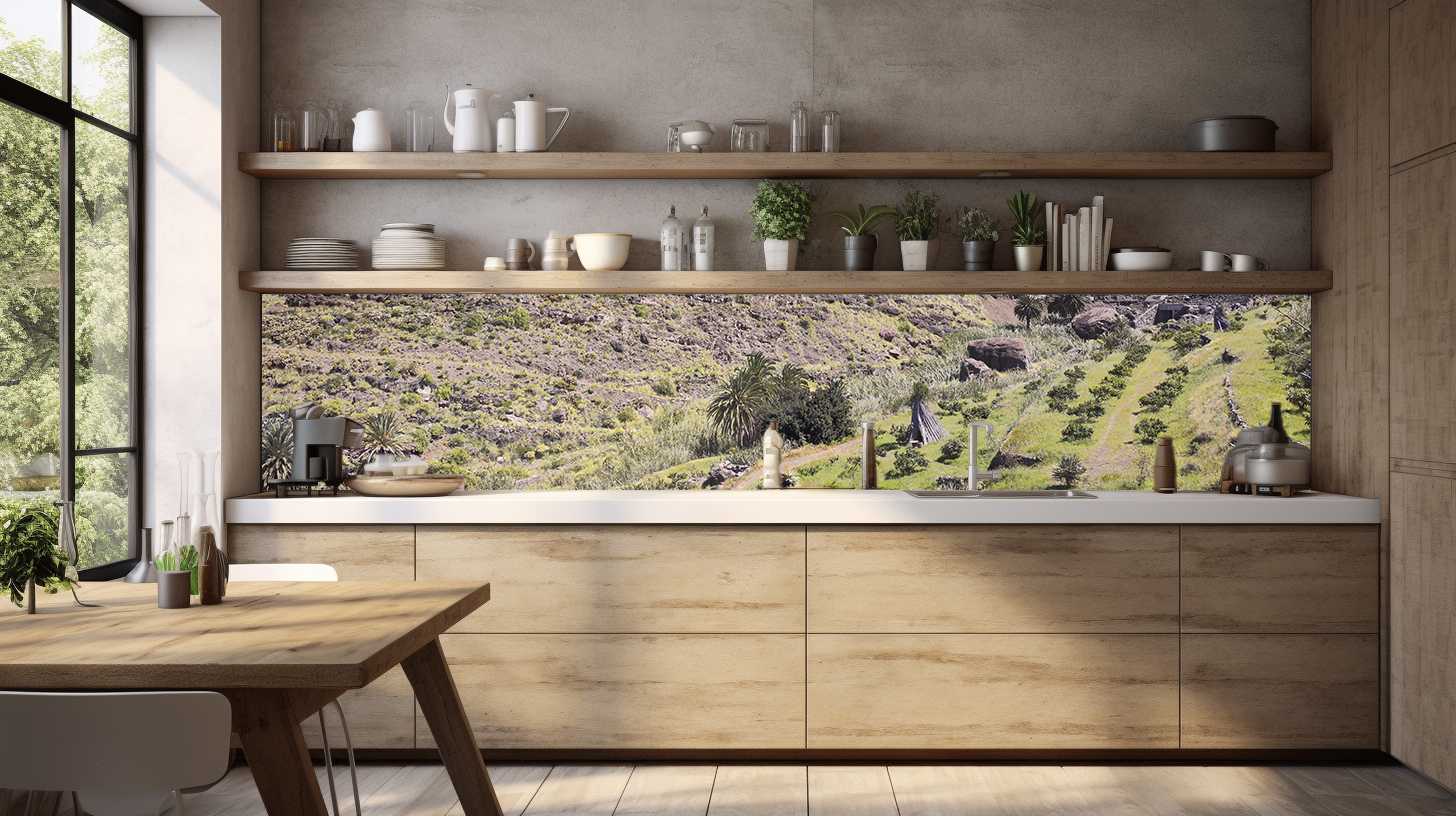 Moderne Küche mit Holzregalen und Wanddekoration mit Landschaftsmotiv Kücheninterieur mit Holzregalen, Geschirr und Landschaftsbild an der Wand hinter der Arbeitsplatte