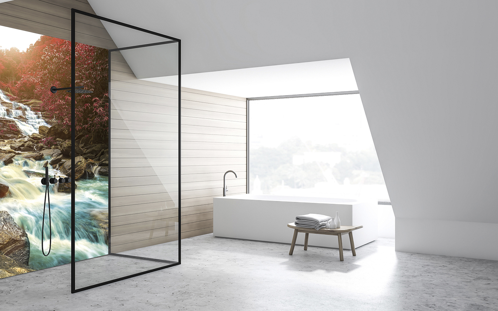 Modernes Badezimmer mit Naturmotiv-Dusche und freistehender Badewanne Helles Badezimmer mit großem Fenster, Glasdusche mit Naturmotiv-Wand und freistehender Badewanne