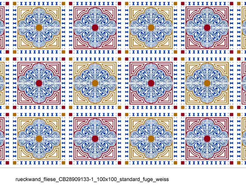 Dekorative Wandfliese mit elegantem Muster in Blau und Gold Nahaufnahme von dekorativen Wandfliesen mit komplexen Mustern in Blau, Gold und Rot auf weißem Hintergrund