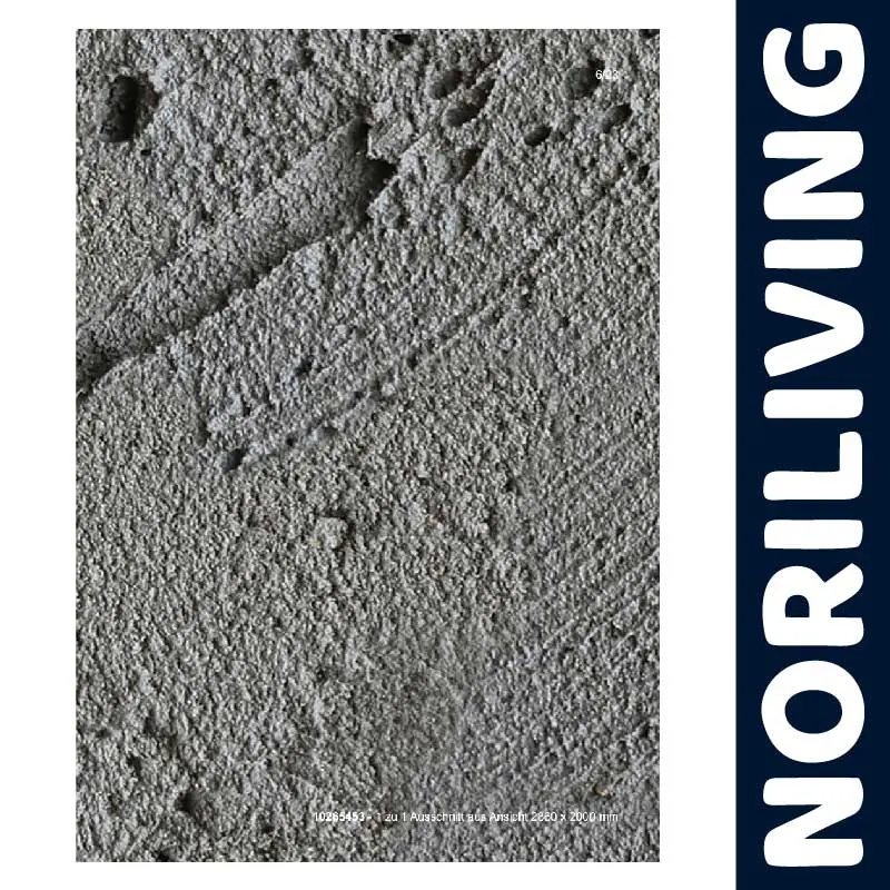 Texturierte graue Betonoberfläche mit erkennbaren Riefen und Vertiefungen. Seitlich der Schriftzug 'Noriliving'.