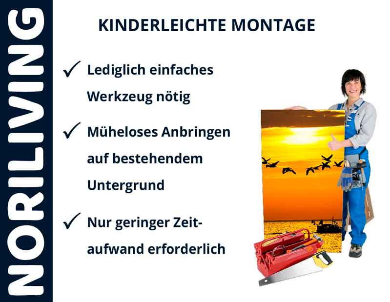 Einfache Montage mit Noriliving - Lediglich Werkzeug nötig, mühelos auf bestehendem Untergrund Noriliving einfach zu montierende Paneele - Einfaches Werkzeug, mühelose Anbringung, geringer Zeitaufwand. Handwerker mit Sonnenuntergangsbild.