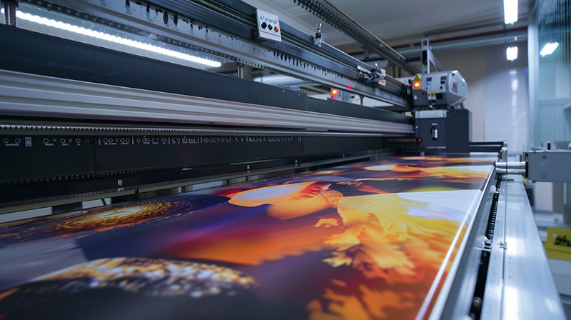 Hochmoderne Großformatdruckmaschine in Aktion Nahaufnahme einer Großformatdruckmaschine, die ein farbenfrohes Bild druckt