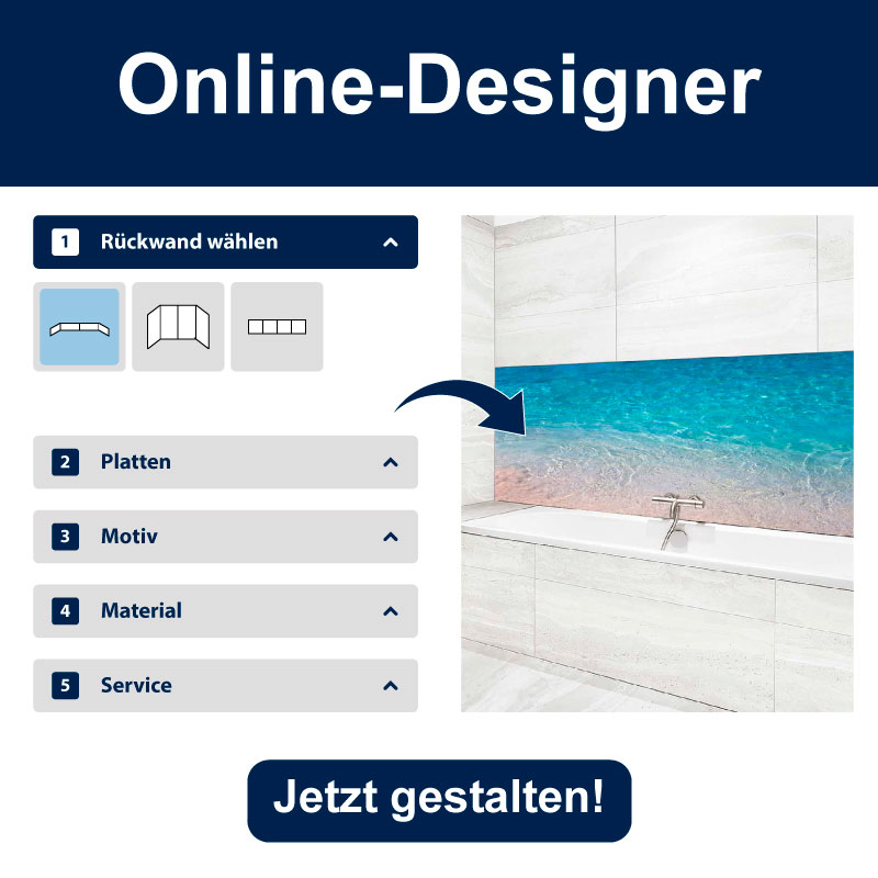 Screenshot des Online-Designers zur Auswahl und Gestaltung von Küchenrückwänden mit Optionen für Rückwand, Platten, Motiv, Material und Service. Bild zeigt eine Badezimmerwand mit Ozeanmotiv.