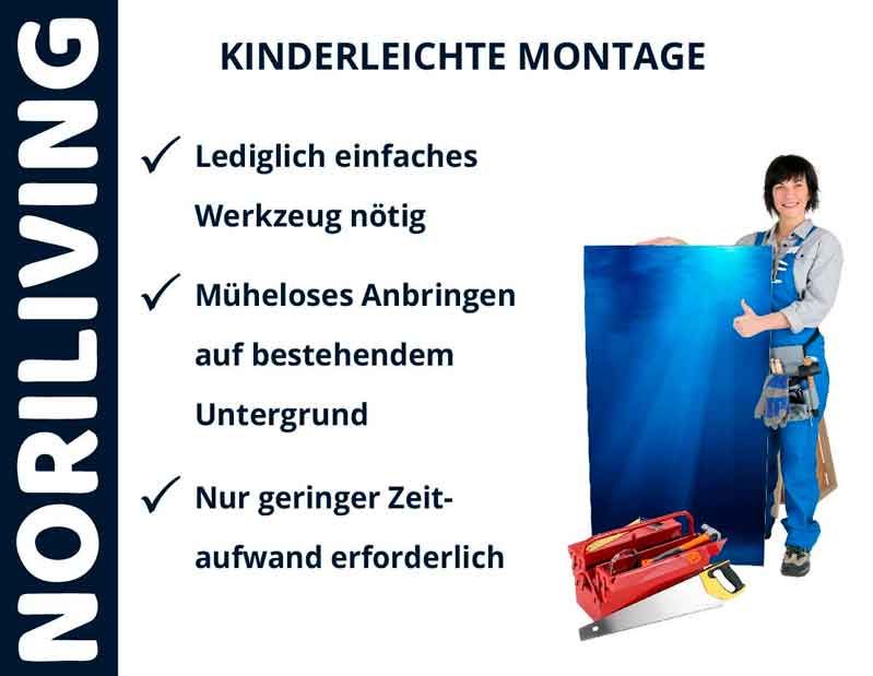 NORILIVING - Kinderleichte Montage mit einfachem Werkzeug NORILIVING Werbung: Einfache Montage mit minimalem Aufwand, Person mit Werkzeug zeigt auf Paneel