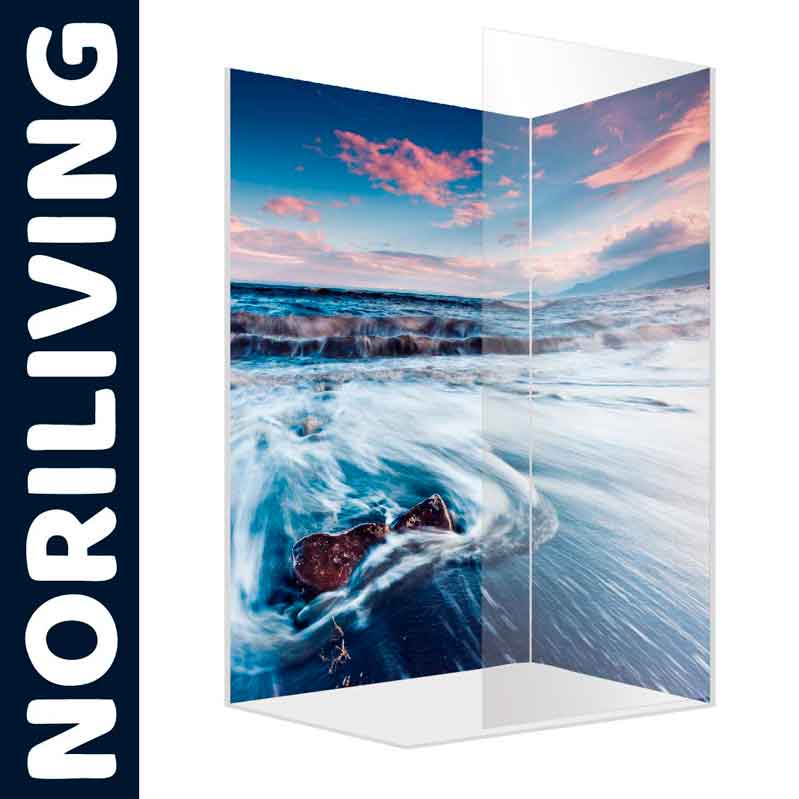 Duschtrennwand mit Meerlandschaft Motiv von Noriliving Dekorative Duschabtrennung mit Meeresszene von Noriliving, blaues Wasser und rosa Wolken