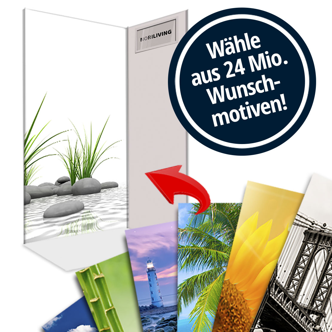 Bild eines Raumteilers mit der Aufschrift 'Wähle aus 24 Mio. Wunschmotiven!' und Motivbeispielen wie Bambus und Leuchtturm.