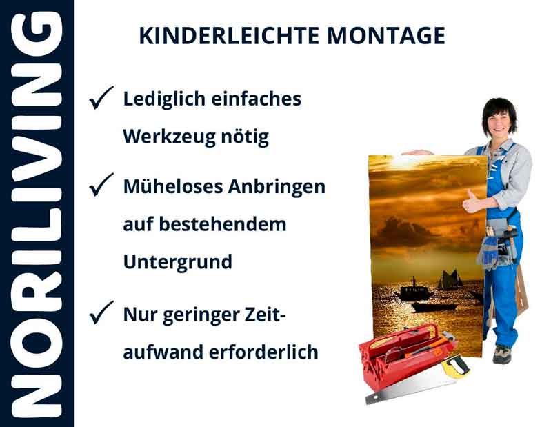 NORILIVING kinderleichte Montage mit einfachem Werkzeug Person neben Bild mit Sonnenuntergang und Montagewerkzeug, Text: kinderleichte Montage, einfaches Werkzeug nötig, müheloses Anbringen, geringer Zeitaufwand