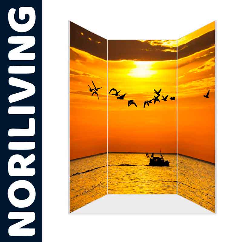 Paravent mit Sonnenuntergangsmotiv und fliegenden Vögeln Raumteiler mit Sonnenuntergang über dem Meer, Vögel im Flug, Schreiner im Vordergrund