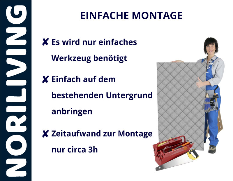 NORILIVING - Einfache Montage mit minimalem Werkzeugaufwand NORILIVING präsentiert einfache Montageoptionen; minimaler Werkzeugbedarf, unkomplizierte Anbringung und nur 3 Stunden Zeitaufwand.