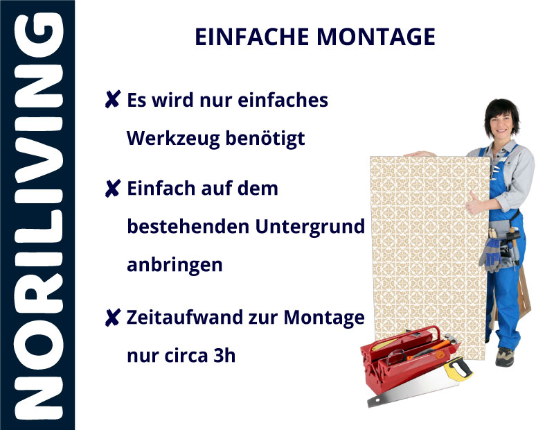 Einfache Montage von Noriliving-Produkten mit minimalem Werkzeug Handwerker mit Platte und Werkzeugkasten bei der Montage, Noriliving Schriftzug, einfache Werkzeuginstallation