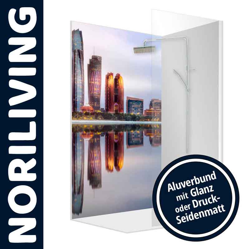 Hochwertige Duschwand mit urbanem Skyline-Motiv und Alu-Dibond-Optionen Duschwand mit Stadtansicht und Alu-Dibond in Glanz oder Seidenmatt