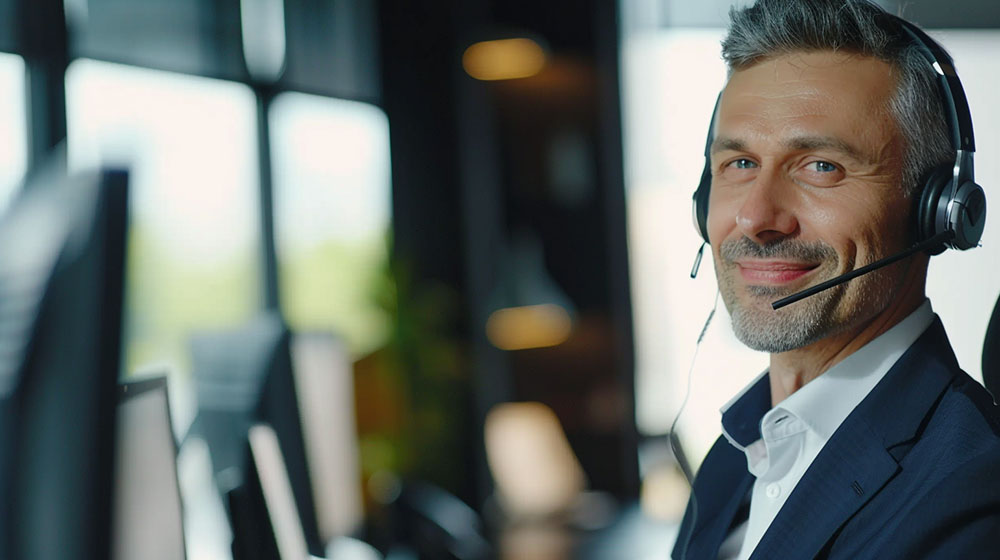 Ein lächelnder Mann mit Headset, der in einem modernen Büro Kundenservice leistet.