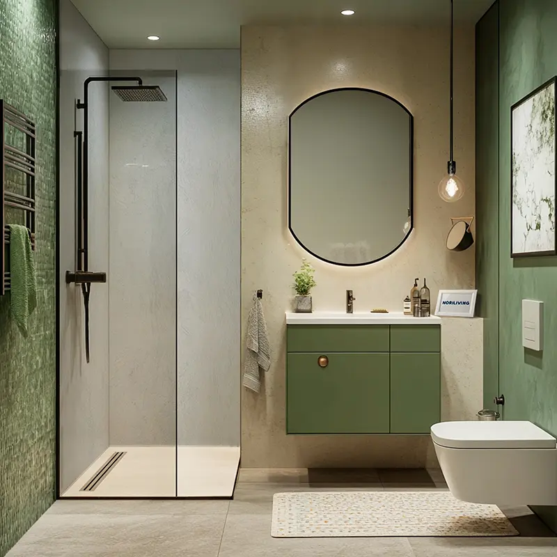 Grünes Badezimmer mit Glasdusche, Waschtisch und WC